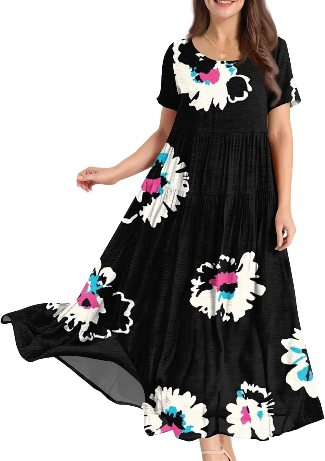 Women Casual Plus Size Loose Bohemian Flower Maternity Dress Short Sleeve Long Boho Maxi Spring Dress