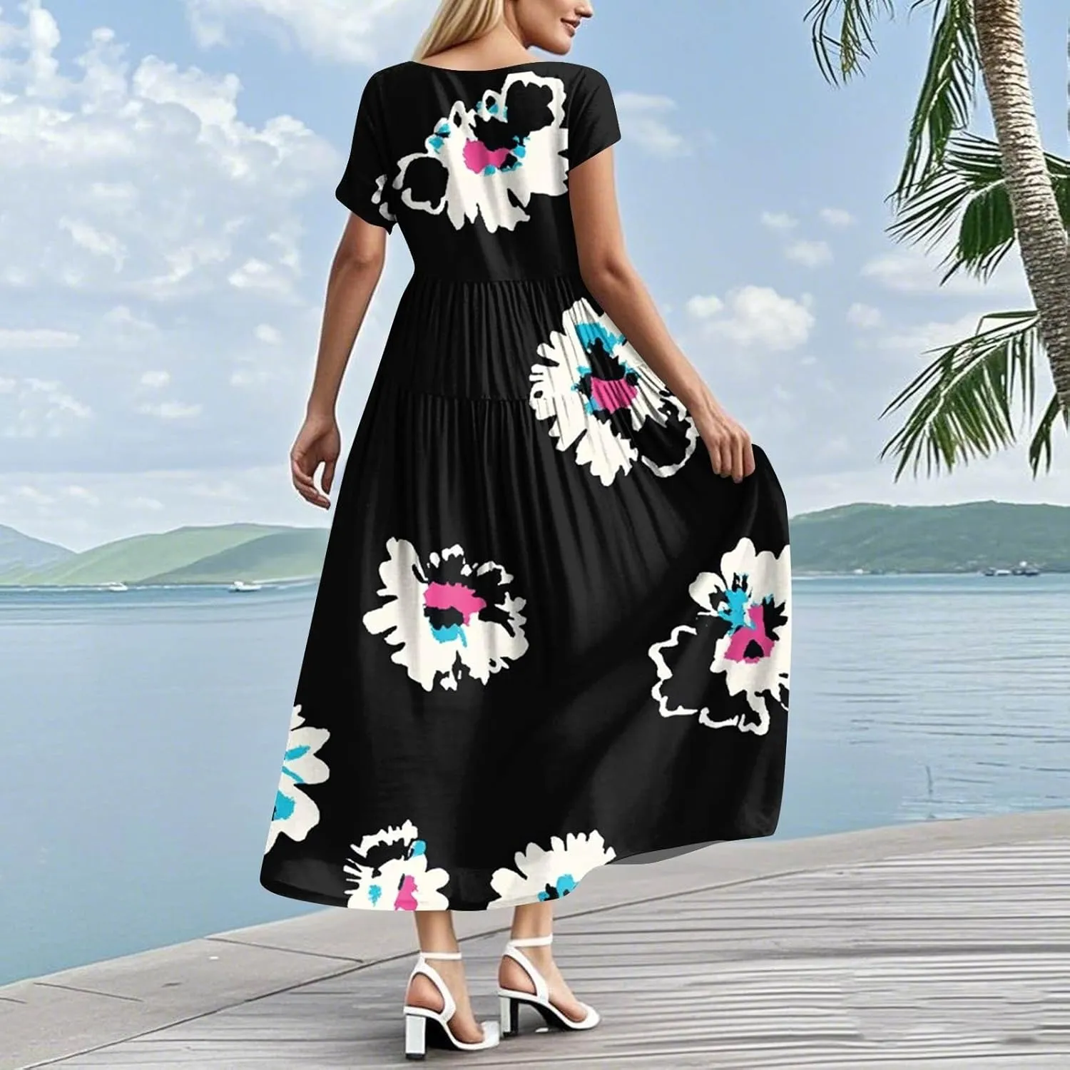 Women Casual Plus Size Loose Bohemian Flower Maternity Dress Short Sleeve Long Boho Maxi Spring Dress