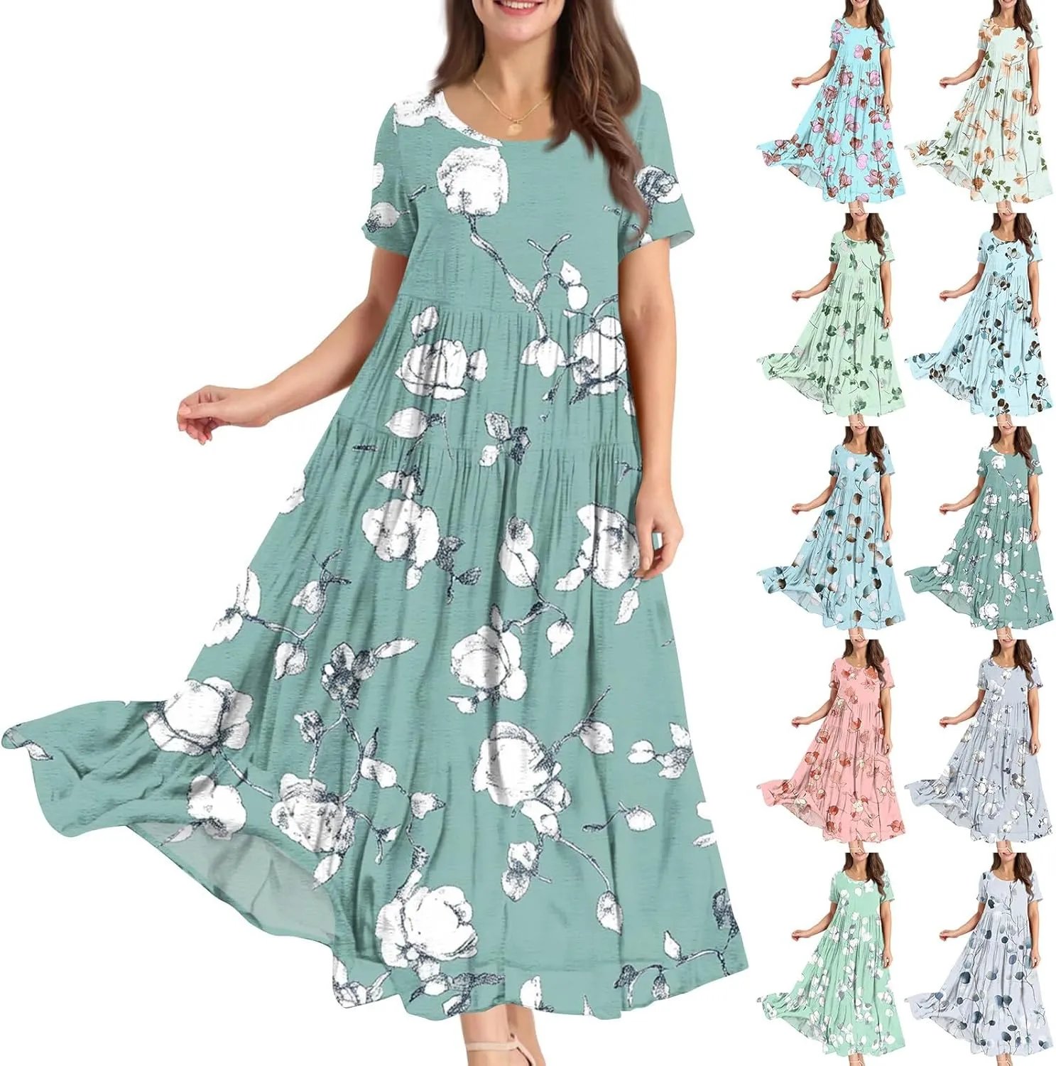 Women Casual Plus Size Loose Bohemian Flower Maternity Dress Short Sleeve Long Boho Maxi Spring Dress