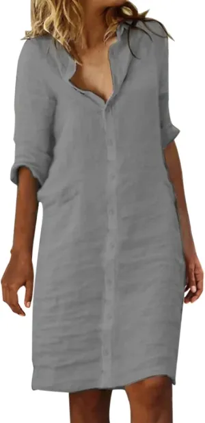 Women Cotton and Linen Shirt Dress Casual Loose Maxi Dresses Women Chic Button Down Rolled-Up Sleeve Long Cotton Blouse Dress