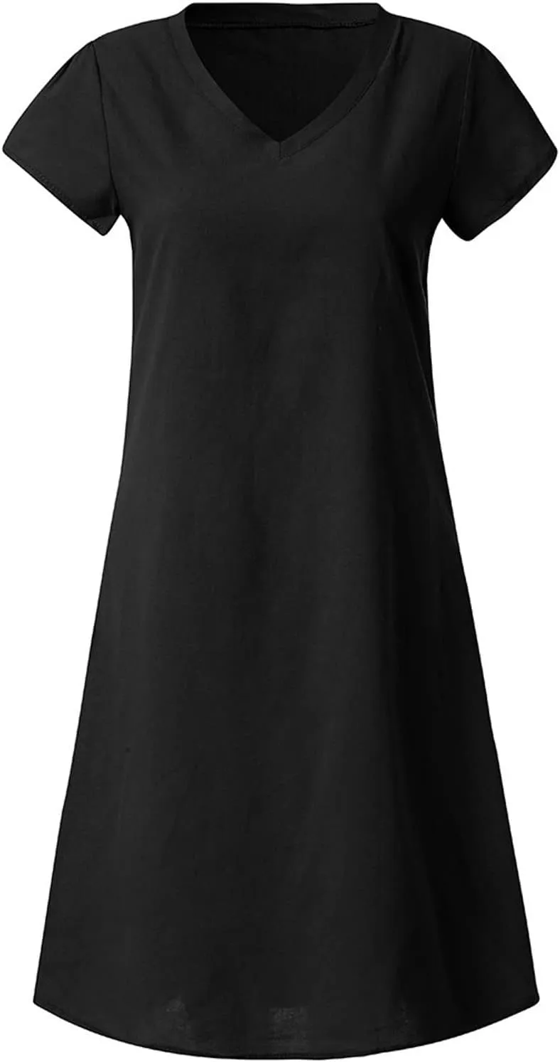 Women Cotton Linen Boho Dress Causal Summer Gauze Dresses Short Sleeve T Shirt Dress Trendy Dressy Ladies Clothing