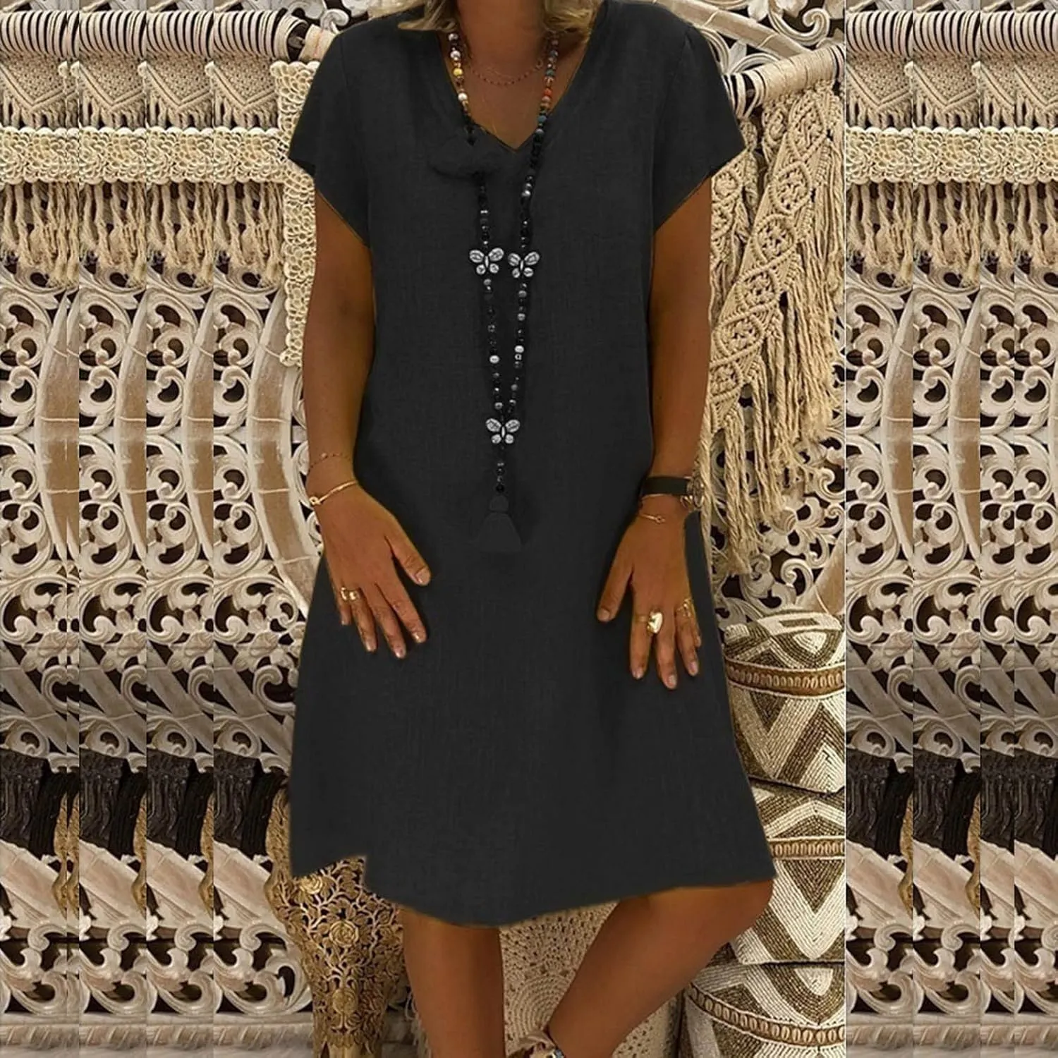 Women Cotton Linen Boho Dress Causal Summer Gauze Dresses Short Sleeve T Shirt Dress Trendy Dressy Ladies Clothing