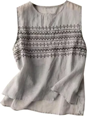 Women Cotton Linen Sleeveless Tank Tops Round Neck Gauze Shirt Casual Solid Color Loose Fit Comfy T-Shirt Blouse Vest