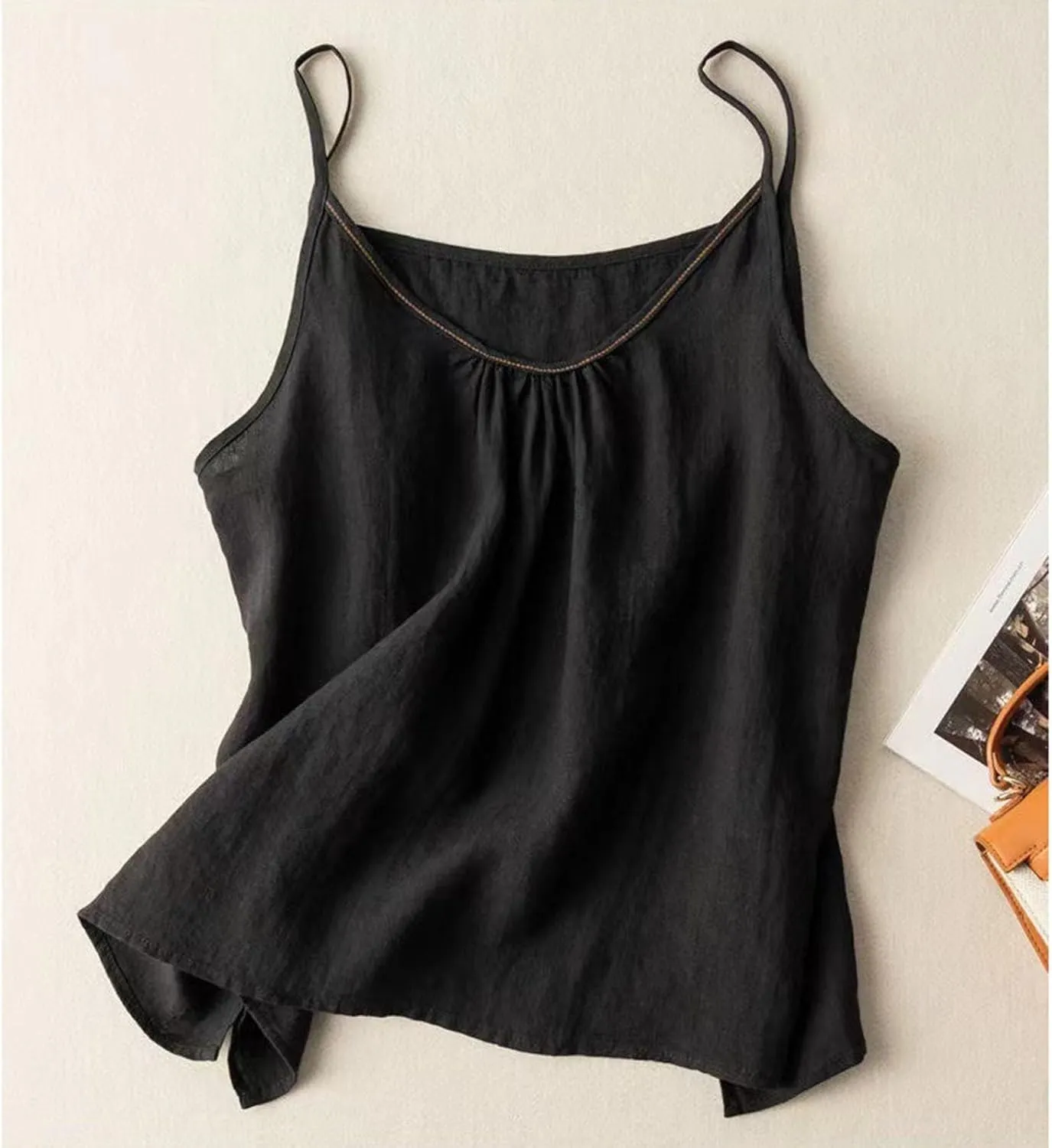 Women Cotton Linen Sleeveless Tank Tops Round Neck Gauze Shirt Casual Solid Color Loose Fit Comfy T-Shirt Blouse Vest
