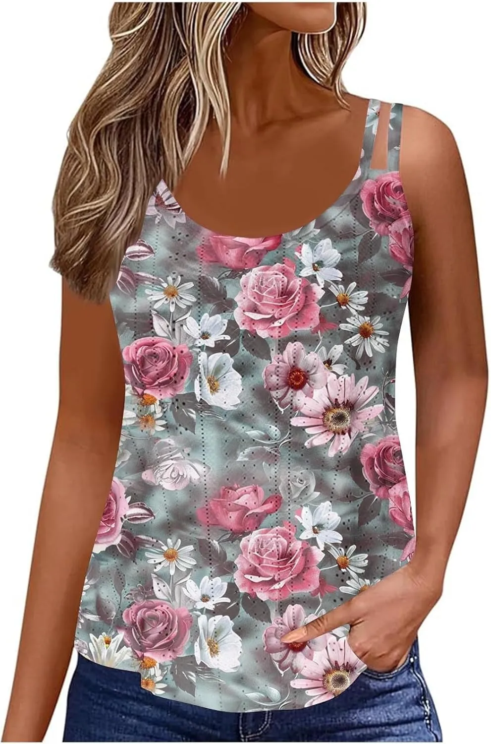 Women Crew Neck Tops Sleeveless Summer Shirts Floral Print Tank Tops Spaghetti Straps Casual Blouses Shirt Flowy Tee