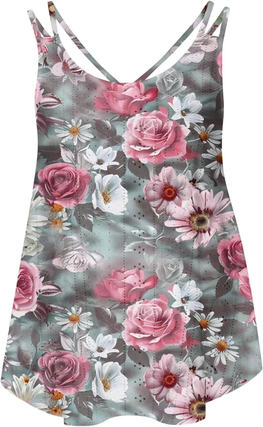 Women Crew Neck Tops Sleeveless Summer Shirts Floral Print Tank Tops Spaghetti Straps Casual Blouses Shirt Flowy Tee
