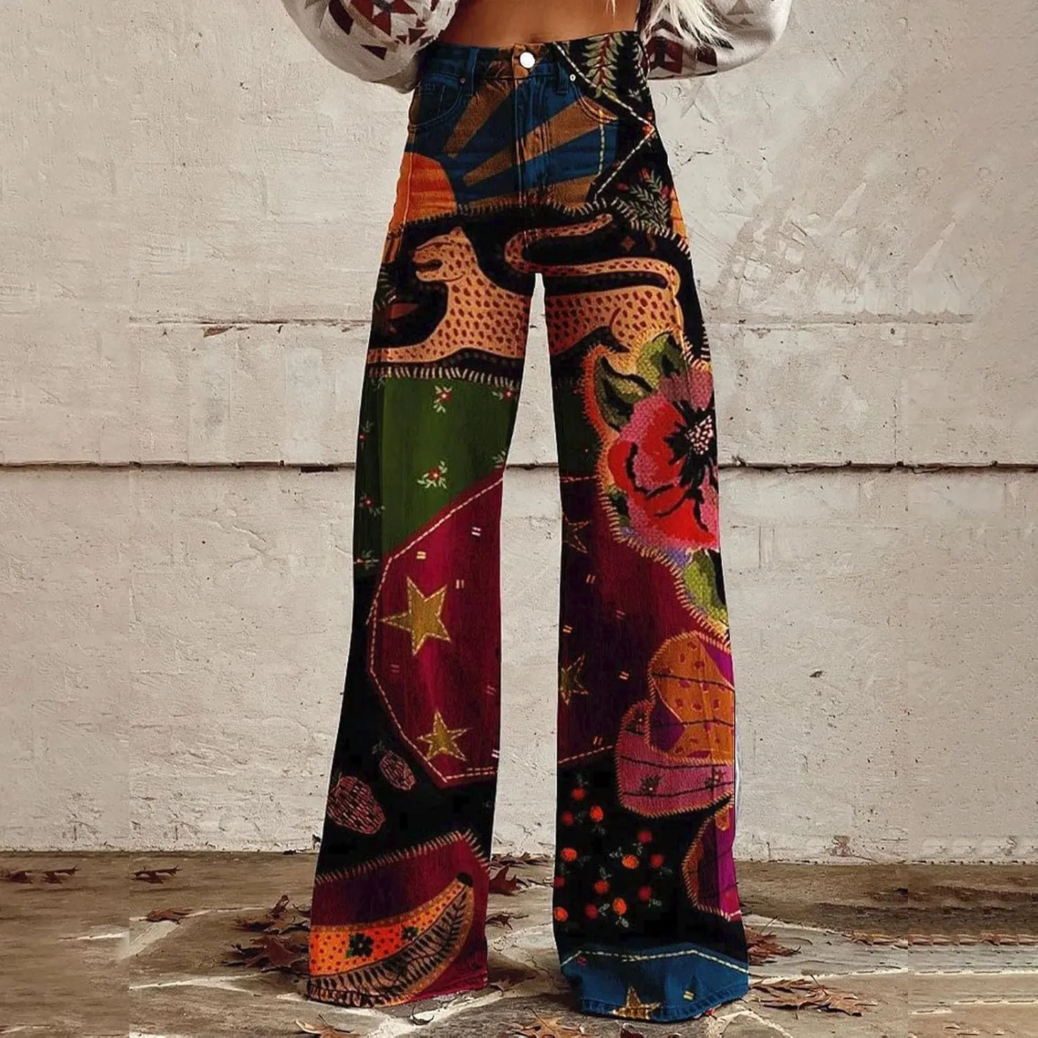 Women Elastic Waist Pants Vintage Flower Printed Pants Halloween Loose Fit Trousers with Pocket Straight Trousers Party