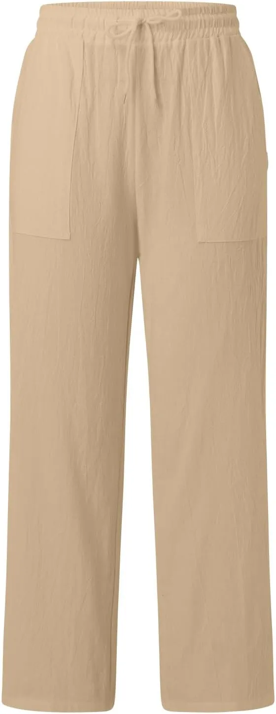 Women Fashion Casual High Waist Wide Leg Pants Drawstring Elastic Trousers Comfy Long Pants with Pockets