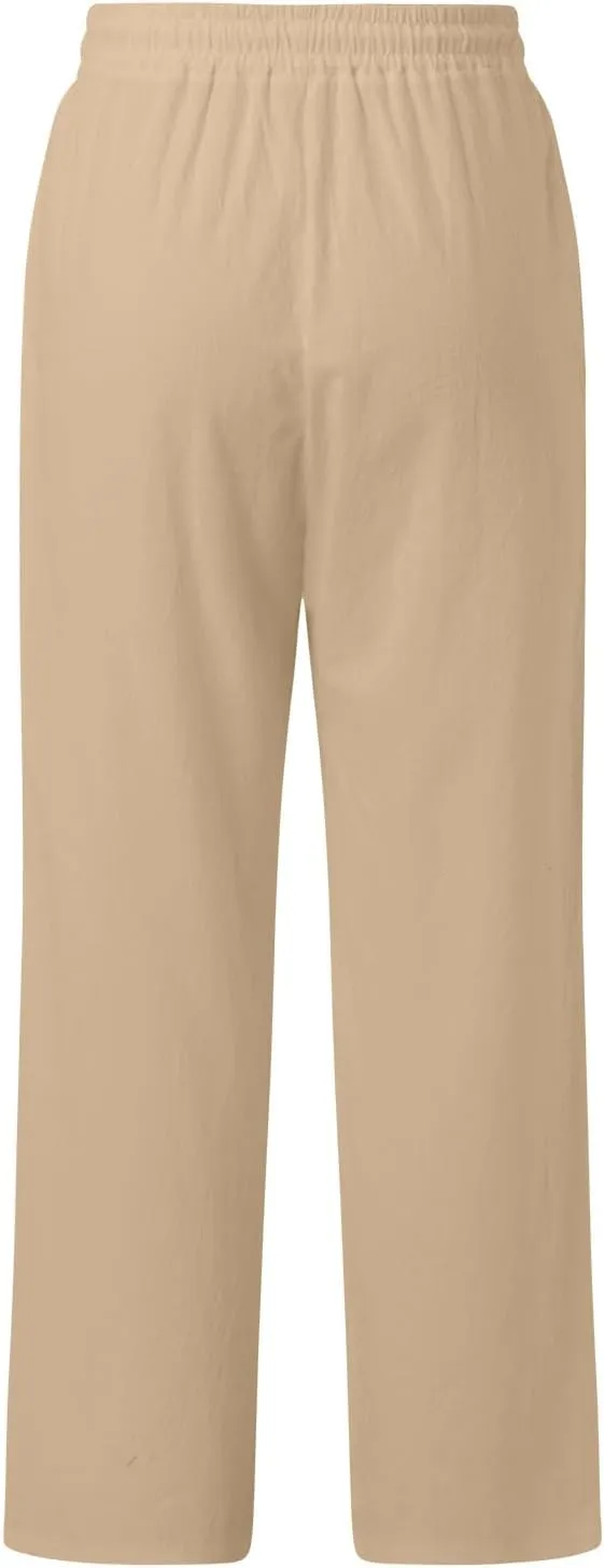 Women Fashion Casual High Waist Wide Leg Pants Drawstring Elastic Trousers Comfy Long Pants with Pockets