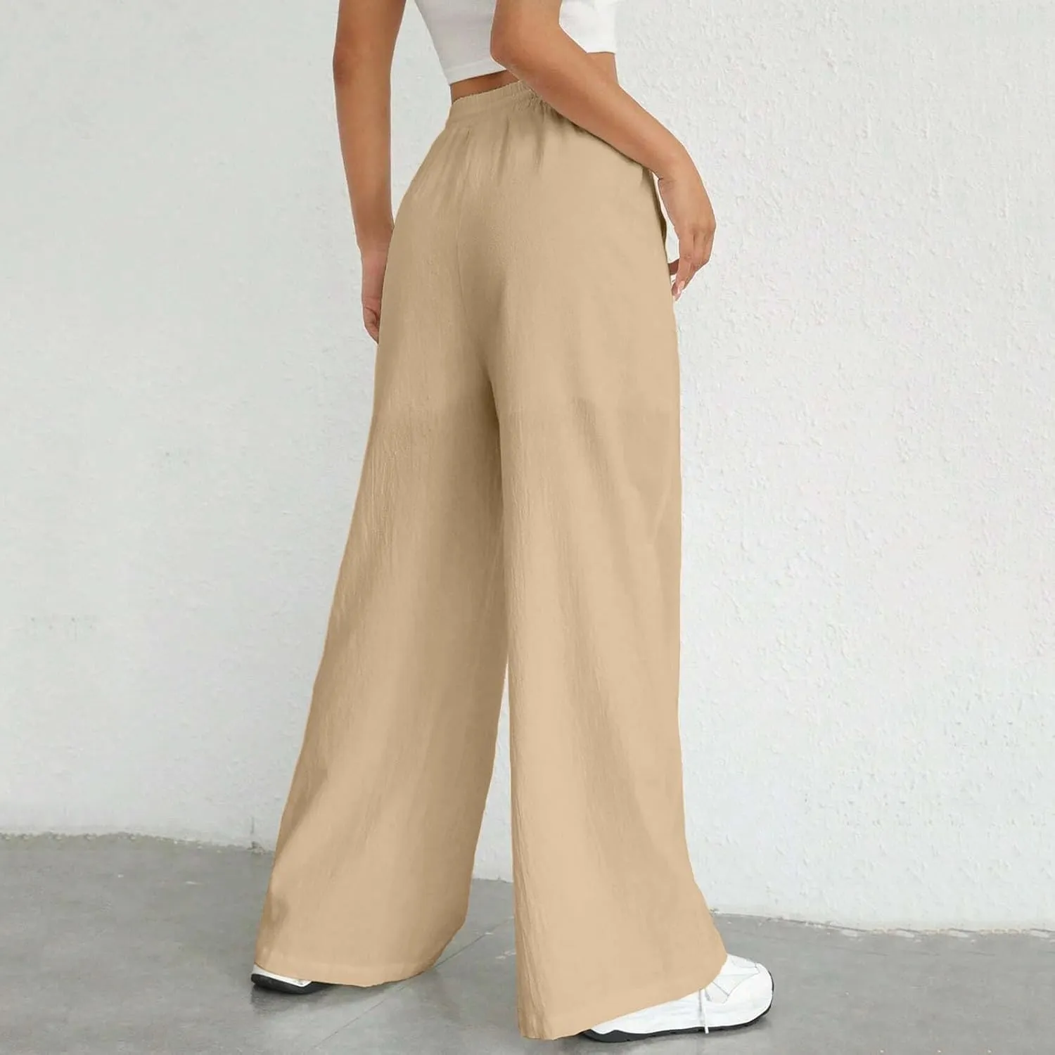Women Fashion Casual High Waist Wide Leg Pants Drawstring Elastic Trousers Comfy Long Pants with Pockets