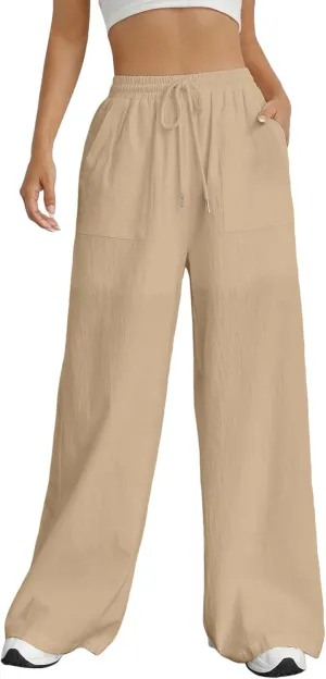 Women Fashion Casual High Waist Wide Leg Pants Drawstring Elastic Trousers Comfy Long Pants with Pockets