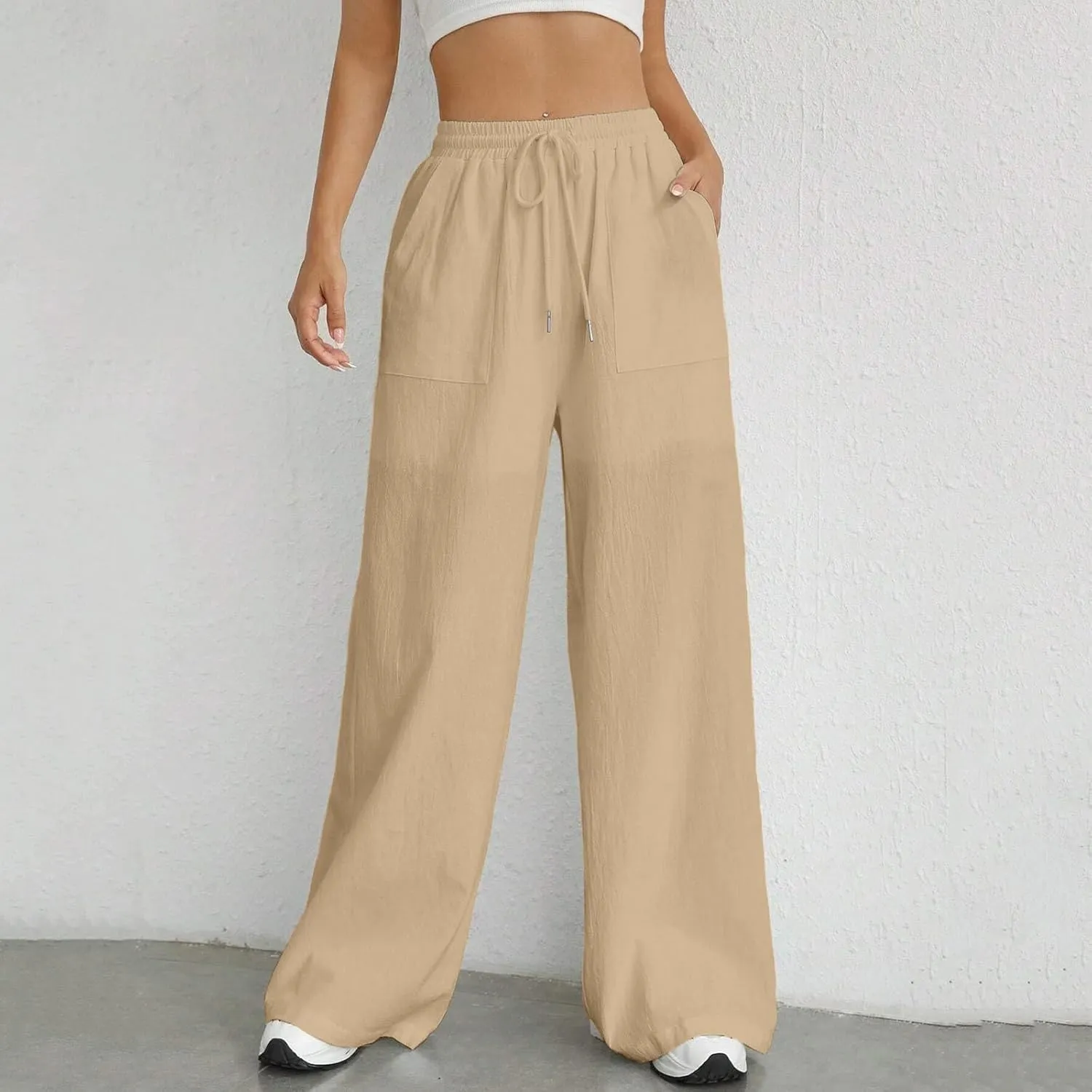 Women Fashion Casual High Waist Wide Leg Pants Drawstring Elastic Trousers Comfy Long Pants with Pockets