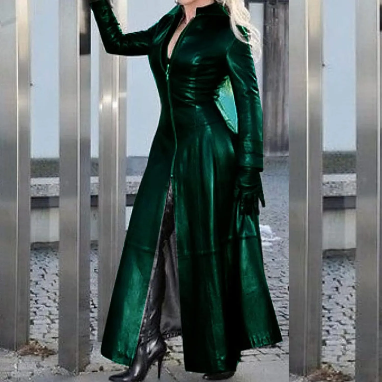 Women Faux Leather Long Trench Coat Sexy Zip Up Jackets Faux Pu Long Sleeve Bodycon Dress Maxi Streetwear