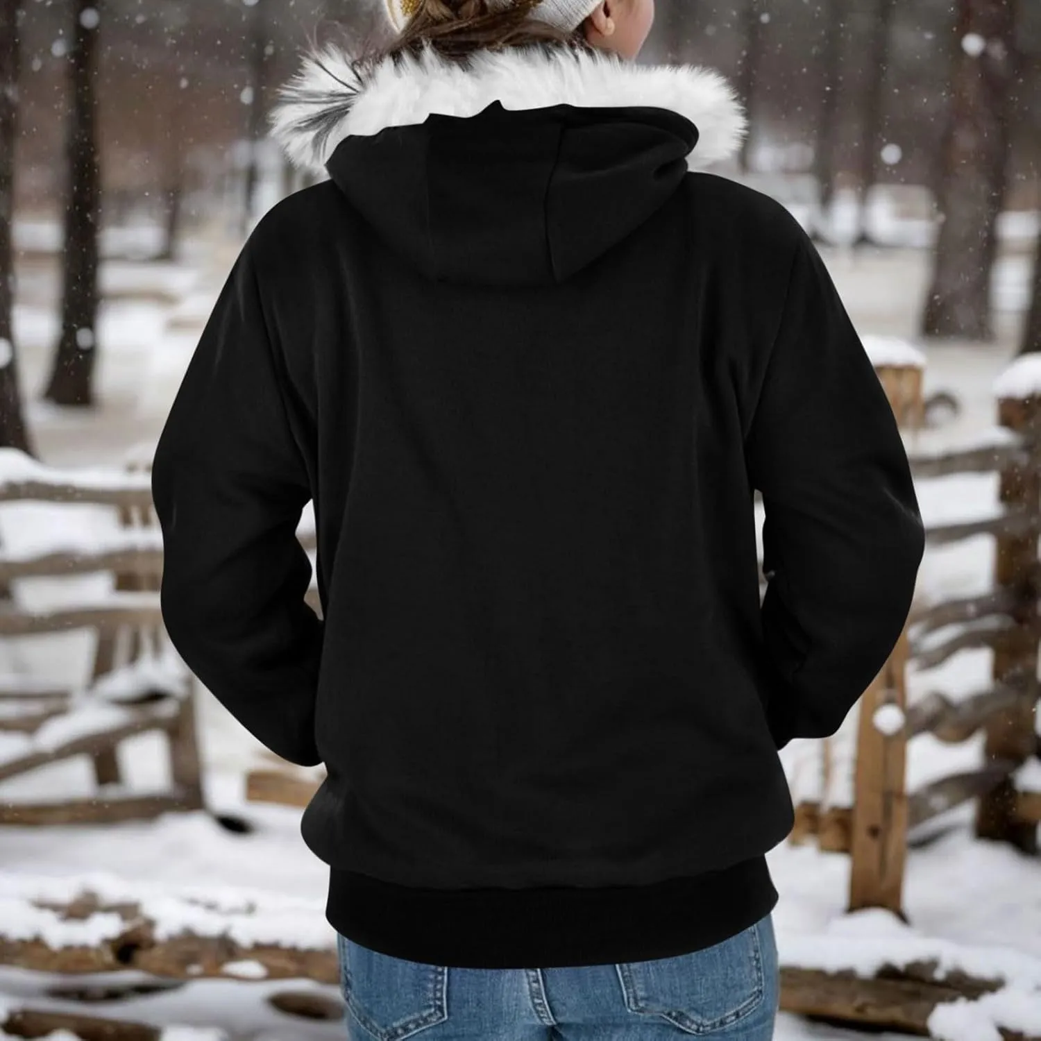Women Furry Splicing Hoodies Fashion Hooded Sweatshirts with Pockets Zip Up Fleece Sweater Fall Winter Coats