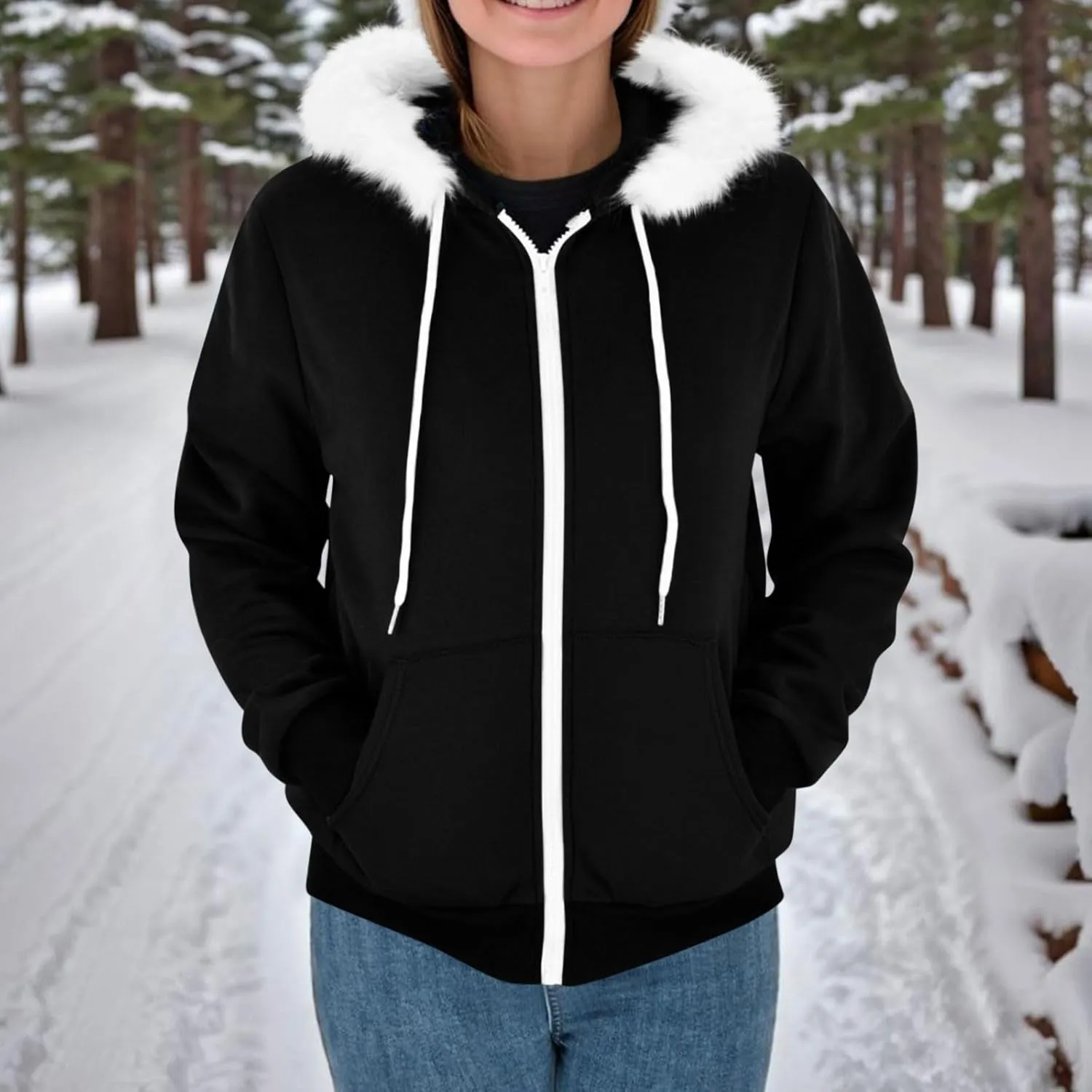 Women Furry Splicing Hoodies Fashion Hooded Sweatshirts with Pockets Zip Up Fleece Sweater Fall Winter Coats