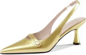 Women Kitten Heels Slingback Low Heel Pumps Dress Shoes for Women Closed Pointed Toe Pearl Heels for Work Wedding Bridal