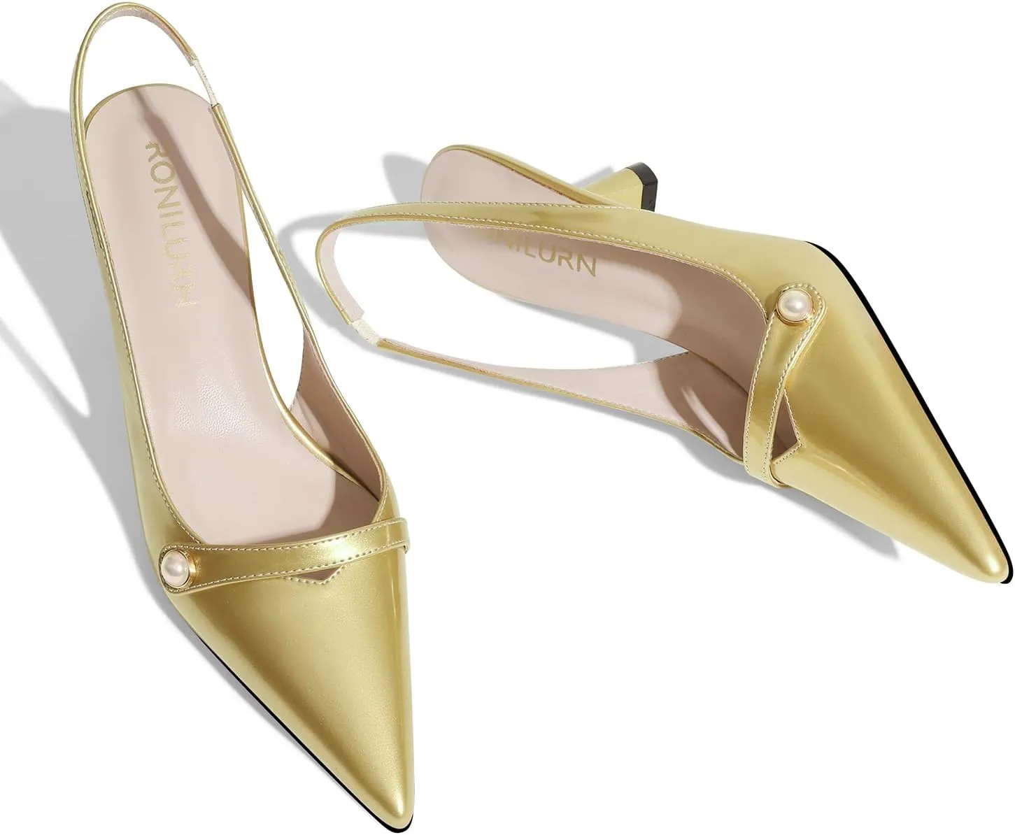 Women Kitten Heels Slingback Low Heel Pumps Dress Shoes for Women Closed Pointed Toe Pearl Heels for Work Wedding Bridal