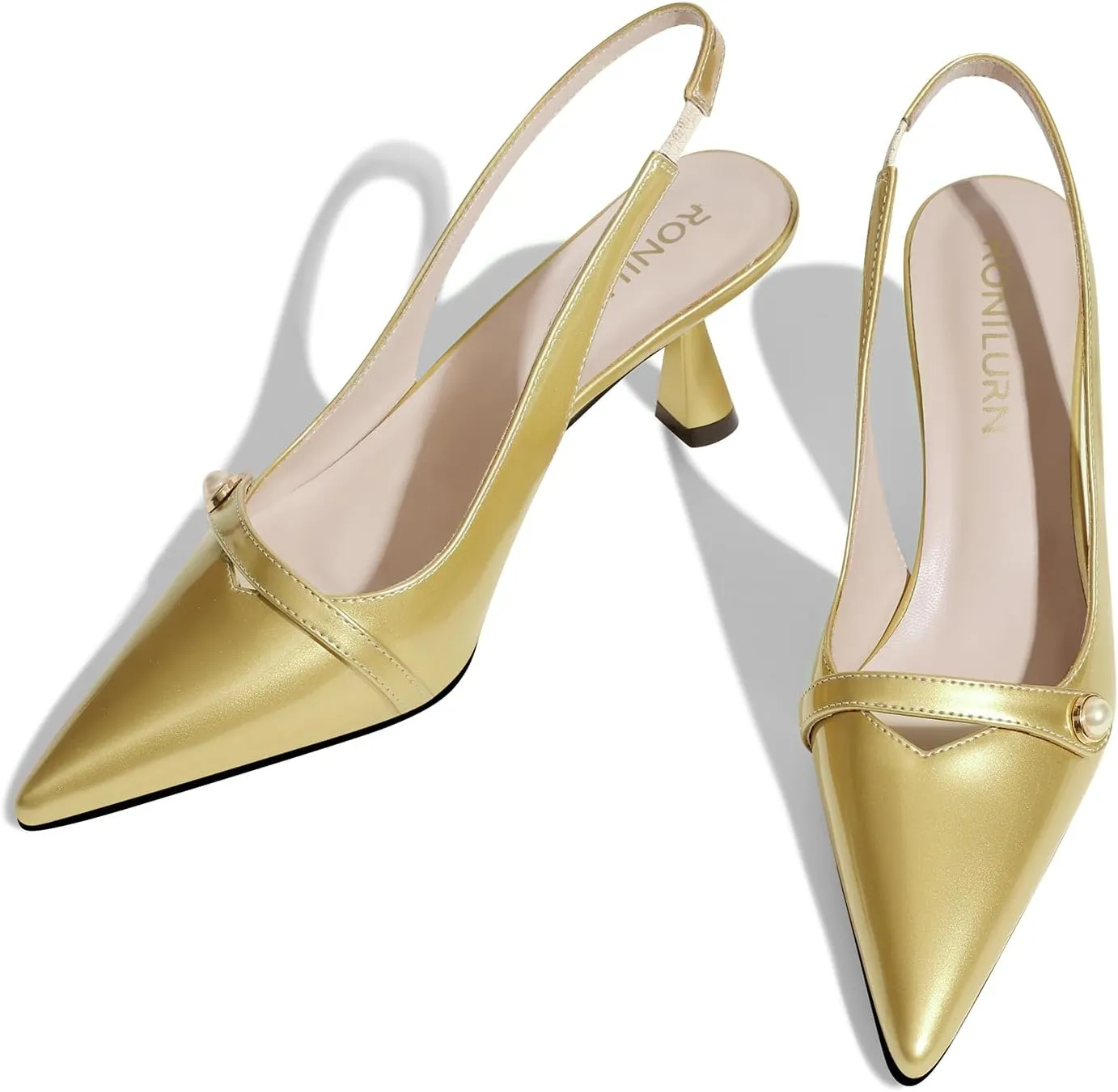 Women Kitten Heels Slingback Low Heel Pumps Dress Shoes for Women Closed Pointed Toe Pearl Heels for Work Wedding Bridal