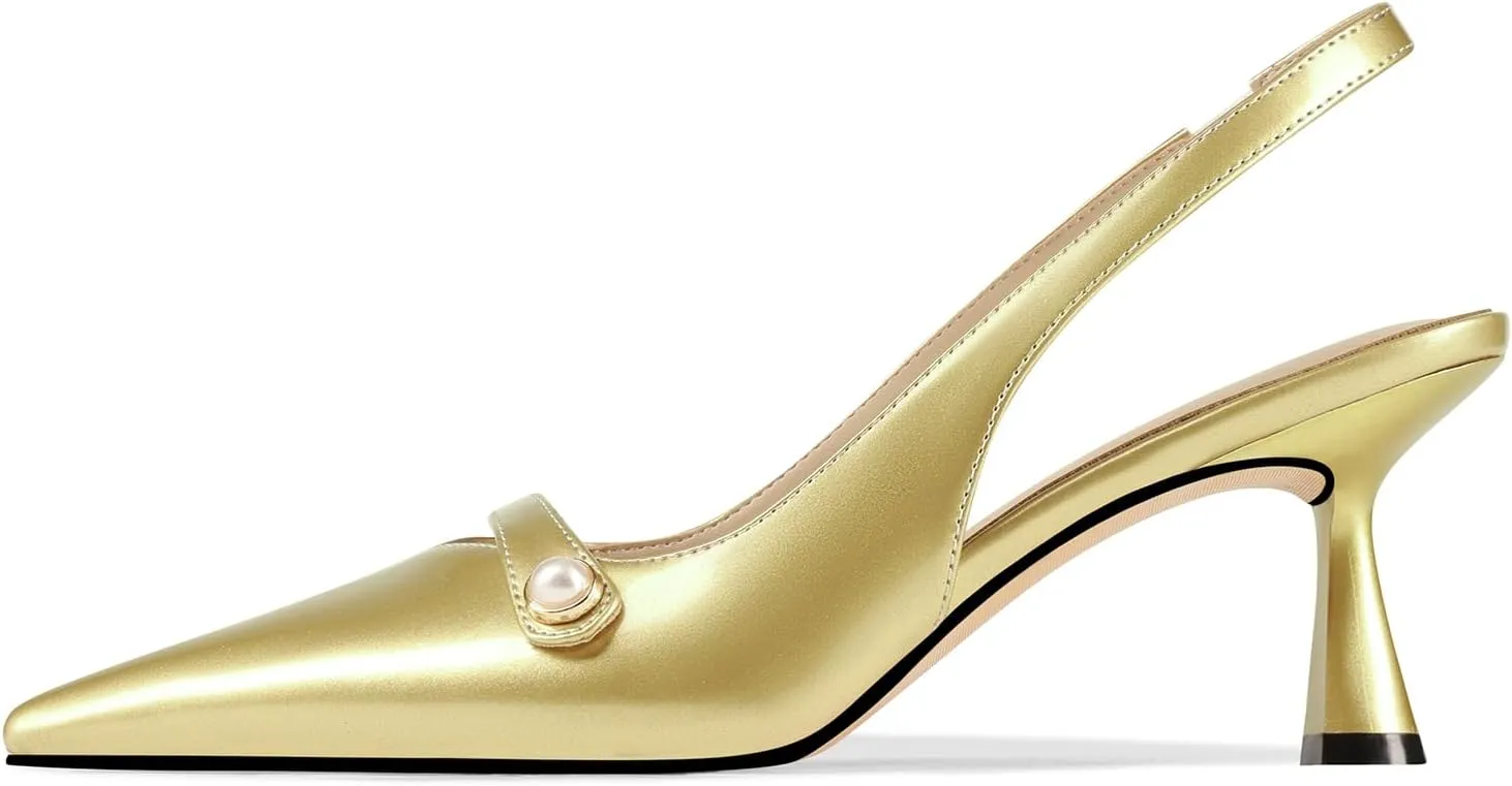 Women Kitten Heels Slingback Low Heel Pumps Dress Shoes for Women Closed Pointed Toe Pearl Heels for Work Wedding Bridal