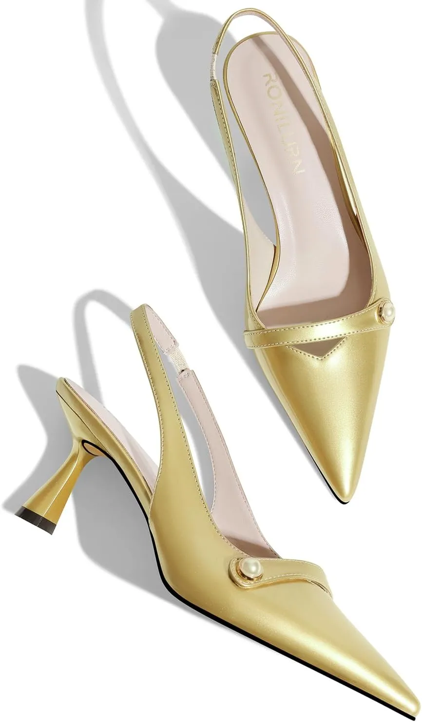 Women Kitten Heels Slingback Low Heel Pumps Dress Shoes for Women Closed Pointed Toe Pearl Heels for Work Wedding Bridal
