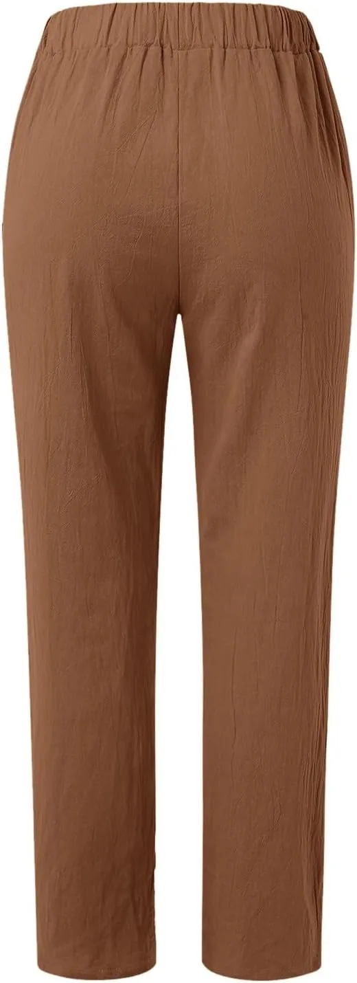 Women Linen Pants Loose Fit Summer Casual Boho Straight Leg High Waist Solid Color Linen Pants Breathable Ankle Trousers