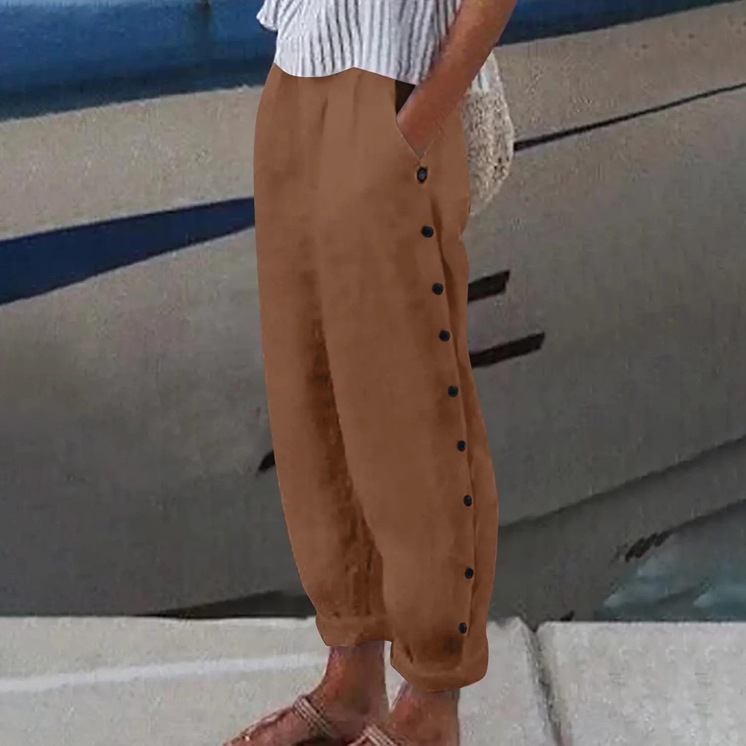 Women Linen Pants Loose Fit Summer Casual Boho Straight Leg High Waist Solid Color Linen Pants Breathable Ankle Trousers