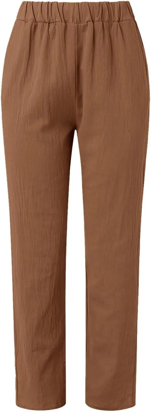 Women Linen Pants Loose Fit Summer Casual Boho Straight Leg High Waist Solid Color Linen Pants Breathable Ankle Trousers