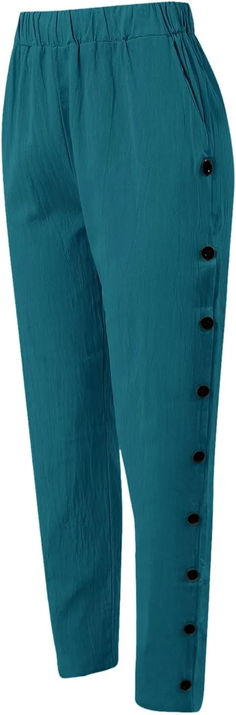 Women Linen Pants Loose Fit Summer Casual Boho Straight Leg High Waist Solid Color Linen Pants Breathable Ankle Trousers