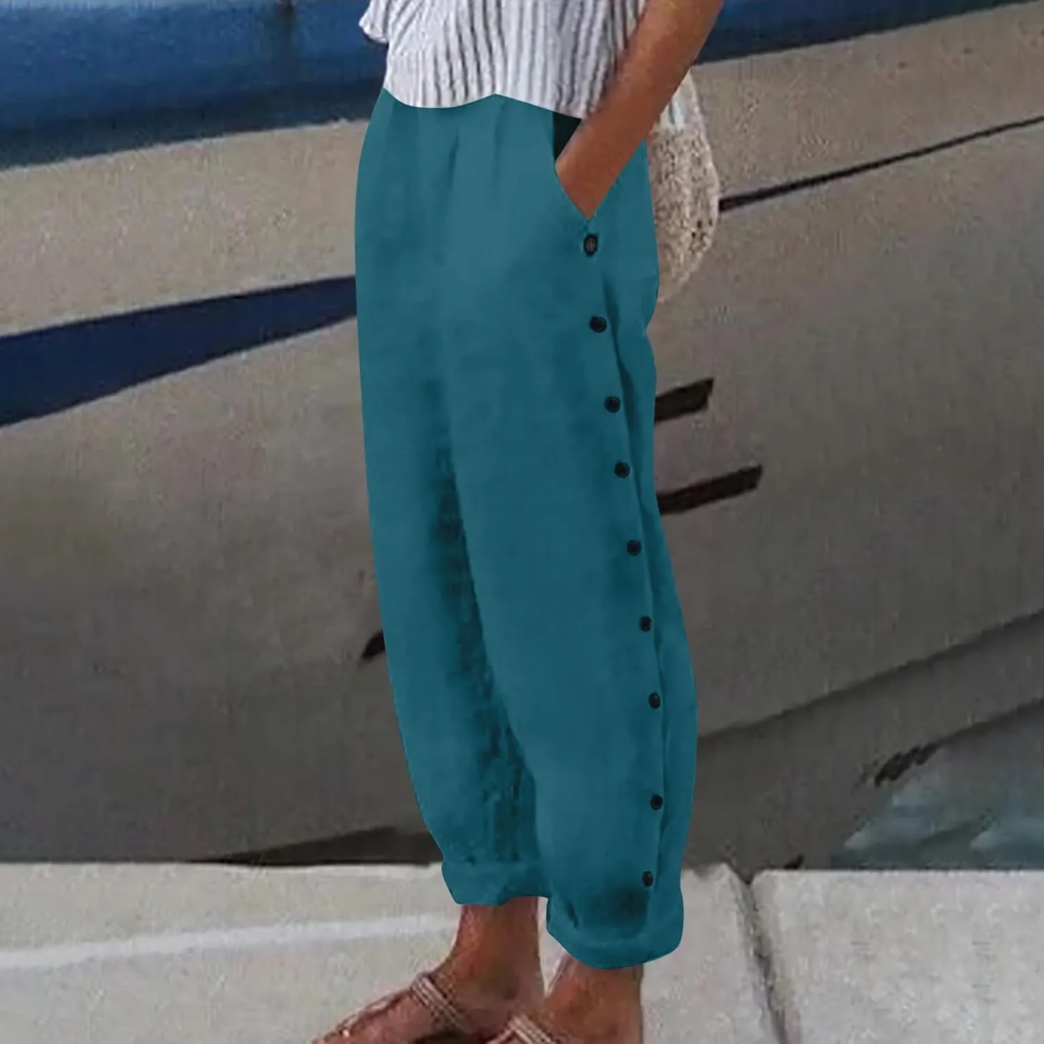 Women Linen Pants Loose Fit Summer Casual Boho Straight Leg High Waist Solid Color Linen Pants Breathable Ankle Trousers