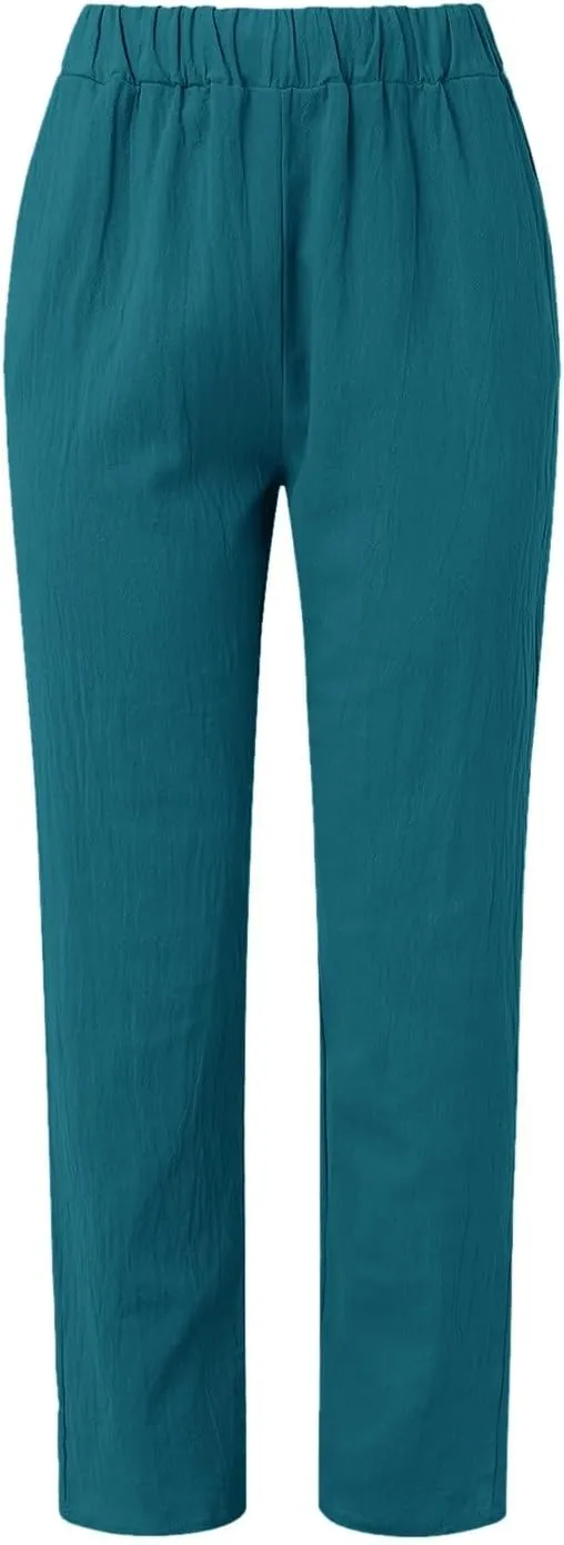 Women Linen Pants Loose Fit Summer Casual Boho Straight Leg High Waist Solid Color Linen Pants Breathable Ankle Trousers