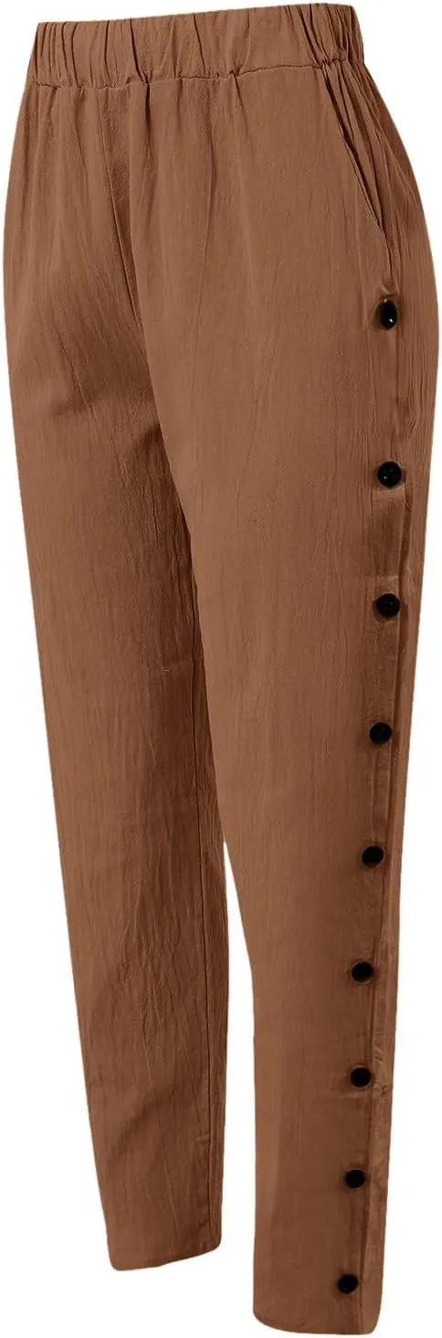 Women Linen Pants Loose Fit Summer Casual Boho Straight Leg High Waist Solid Color Linen Pants Breathable Ankle Trousers