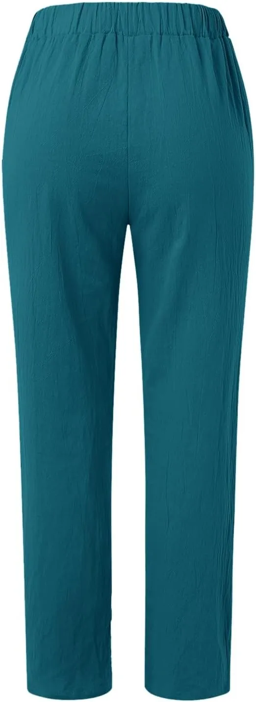 Women Linen Pants Loose Fit Summer Casual Boho Straight Leg High Waist Solid Color Linen Pants Breathable Ankle Trousers