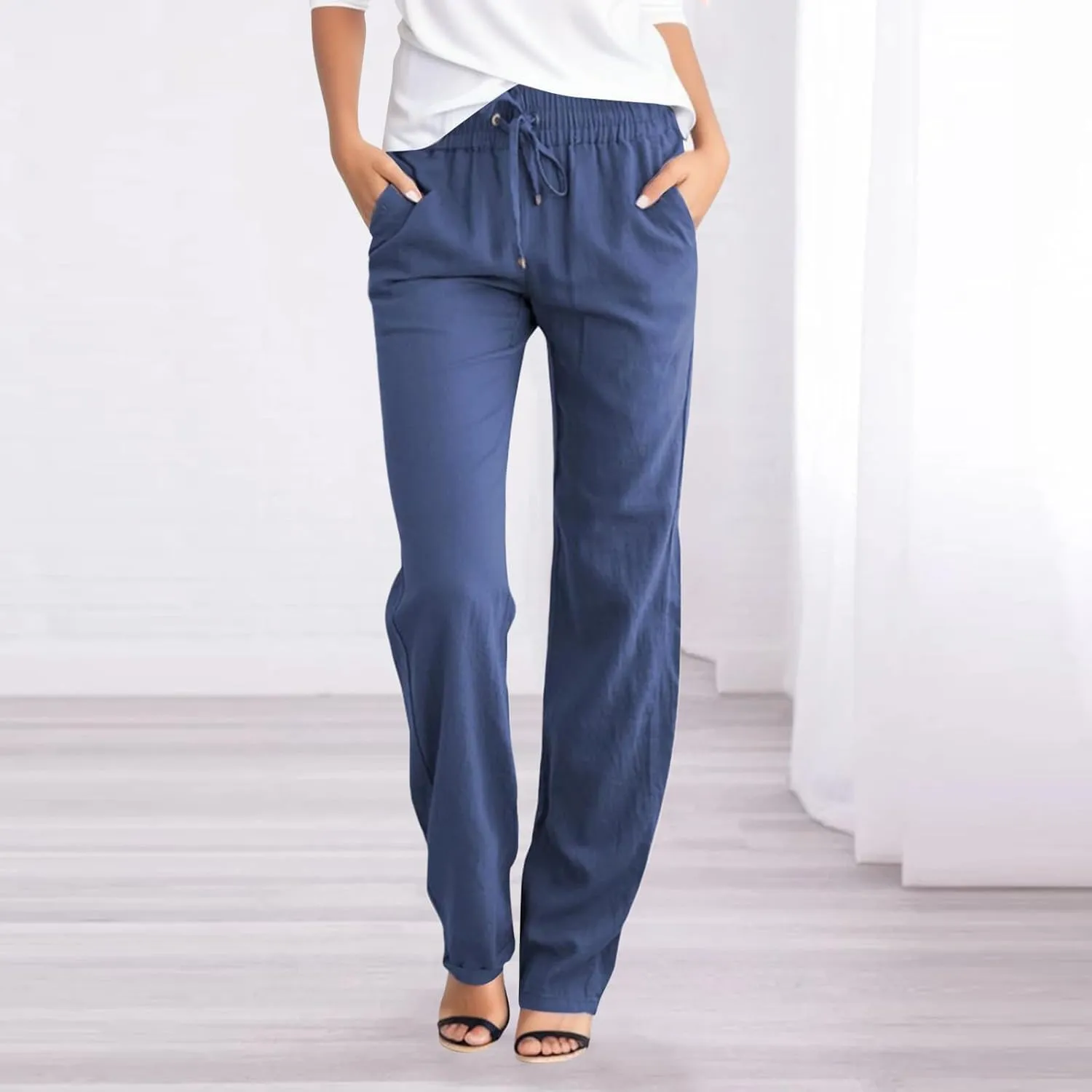 Women Linen Pants Straight Leg Drawstring Elastic High Waist Loose Comfy Trousers with Pockets