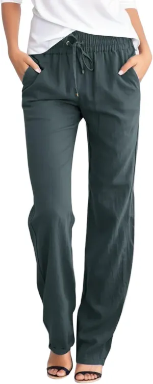 Women Linen Pants Straight Leg Drawstring Elastic High Waist Loose Comfy Trousers with Pockets