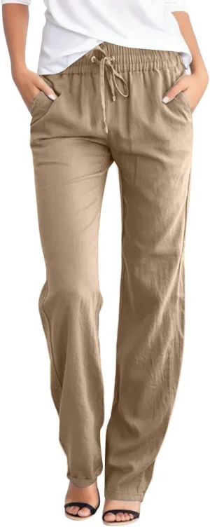 Women Linen Pants Straight Leg Drawstring Elastic High Waist Loose Comfy Trousers with Pockets