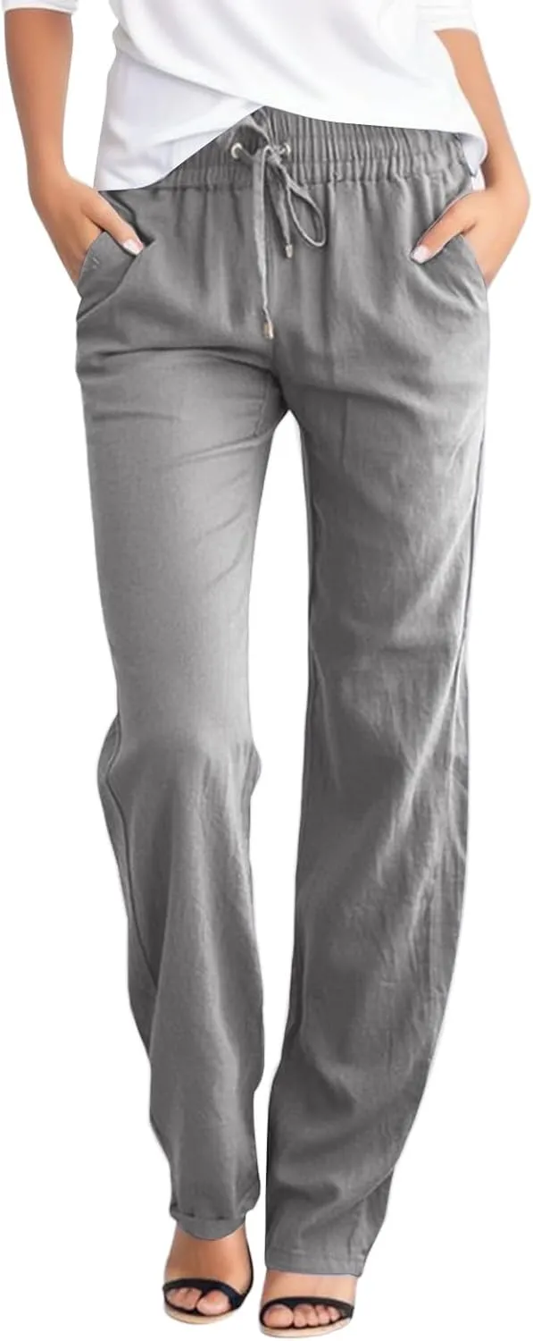 Women Linen Pants Straight Leg Drawstring Elastic High Waist Loose Comfy Trousers with Pockets