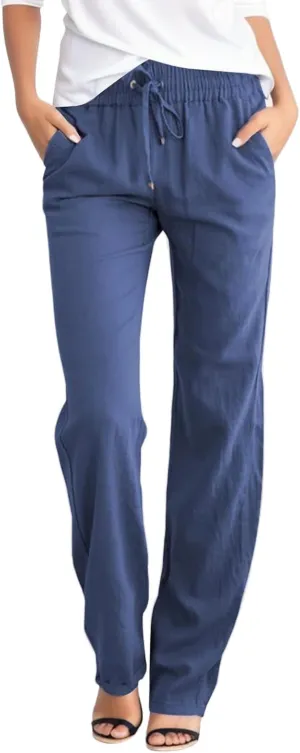 Women Linen Pants Straight Leg Drawstring Elastic High Waist Loose Comfy Trousers with Pockets