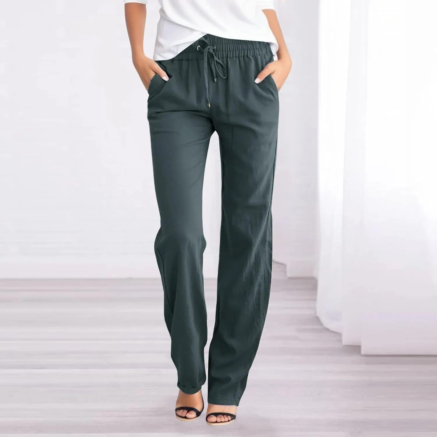 Women Linen Pants Straight Leg Drawstring Elastic High Waist Loose Comfy Trousers with Pockets