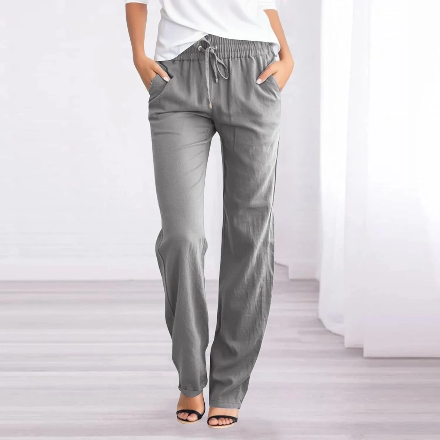 Women Linen Pants Straight Leg Drawstring Elastic High Waist Loose Comfy Trousers with Pockets