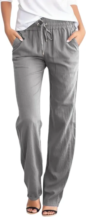 Women Linen Pants Straight Leg Drawstring Elastic High Waist Loose Comfy Trousers with Pockets