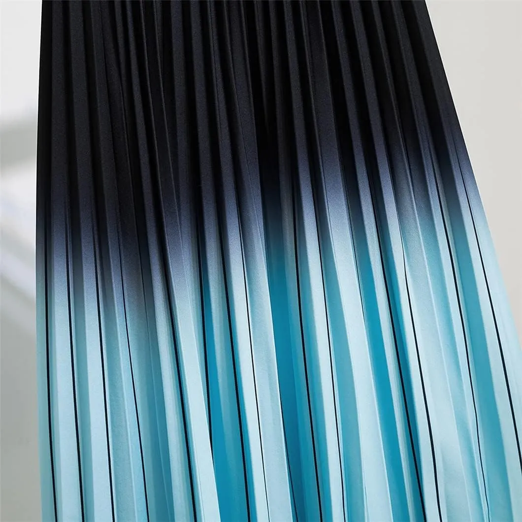 Women Long Midi Skirt Blue Pink Gradient Color Korean Casual Style Pleated Skirts