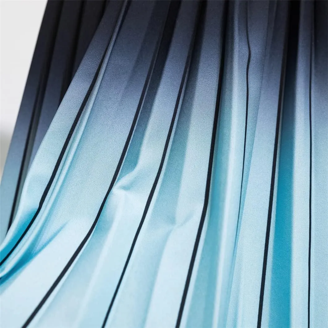 Women Long Midi Skirt Blue Pink Gradient Color Korean Casual Style Pleated Skirts