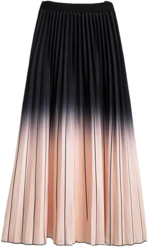 Women Long Midi Skirt Blue Pink Gradient Color Korean Casual Style Pleated Skirts