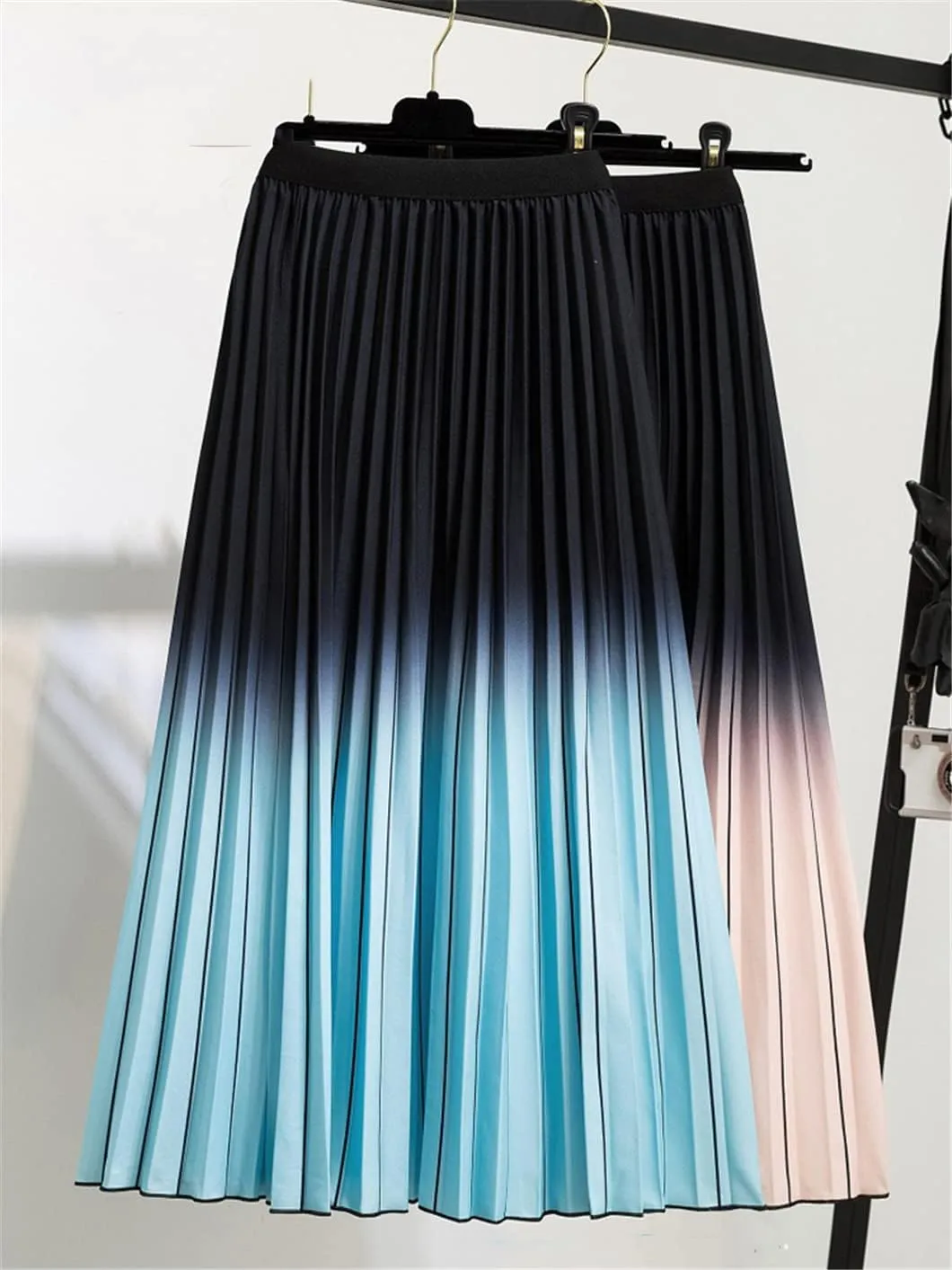 Women Long Midi Skirt Blue Pink Gradient Color Korean Casual Style Pleated Skirts