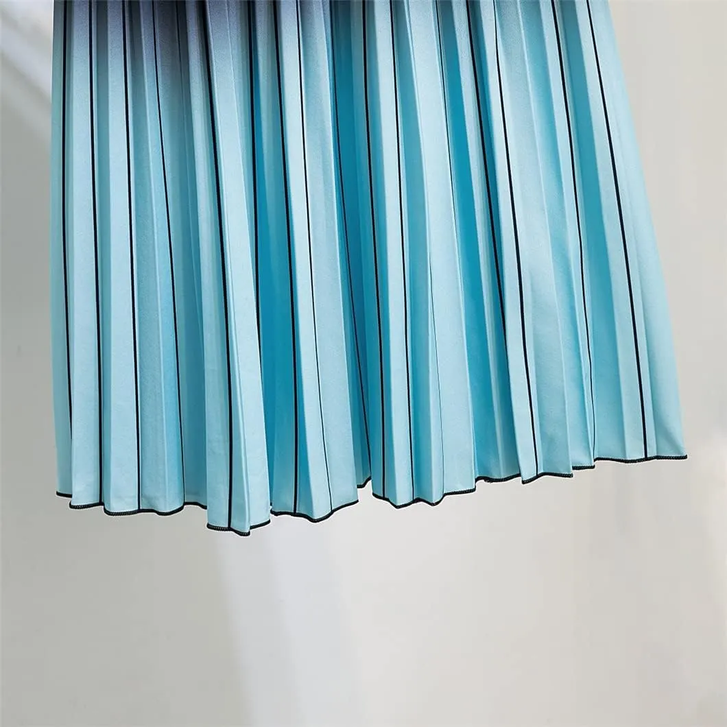 Women Long Midi Skirt Blue Pink Gradient Color Korean Casual Style Pleated Skirts