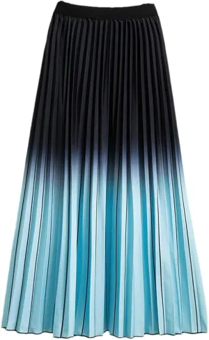 Women Long Midi Skirt Blue Pink Gradient Color Korean Casual Style Pleated Skirts