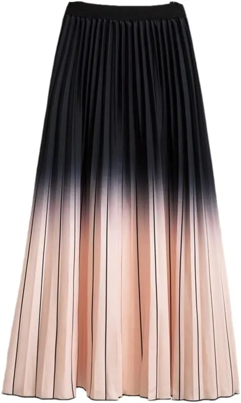 Women Long Midi Skirt Blue Pink Gradient Color Korean Casual Style Pleated Skirts