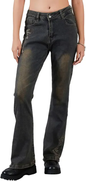 Women Low Rise Flared Jeans Casual Stretch Denim Bell Bottom Pants Work Bootcut Jeans Trousers