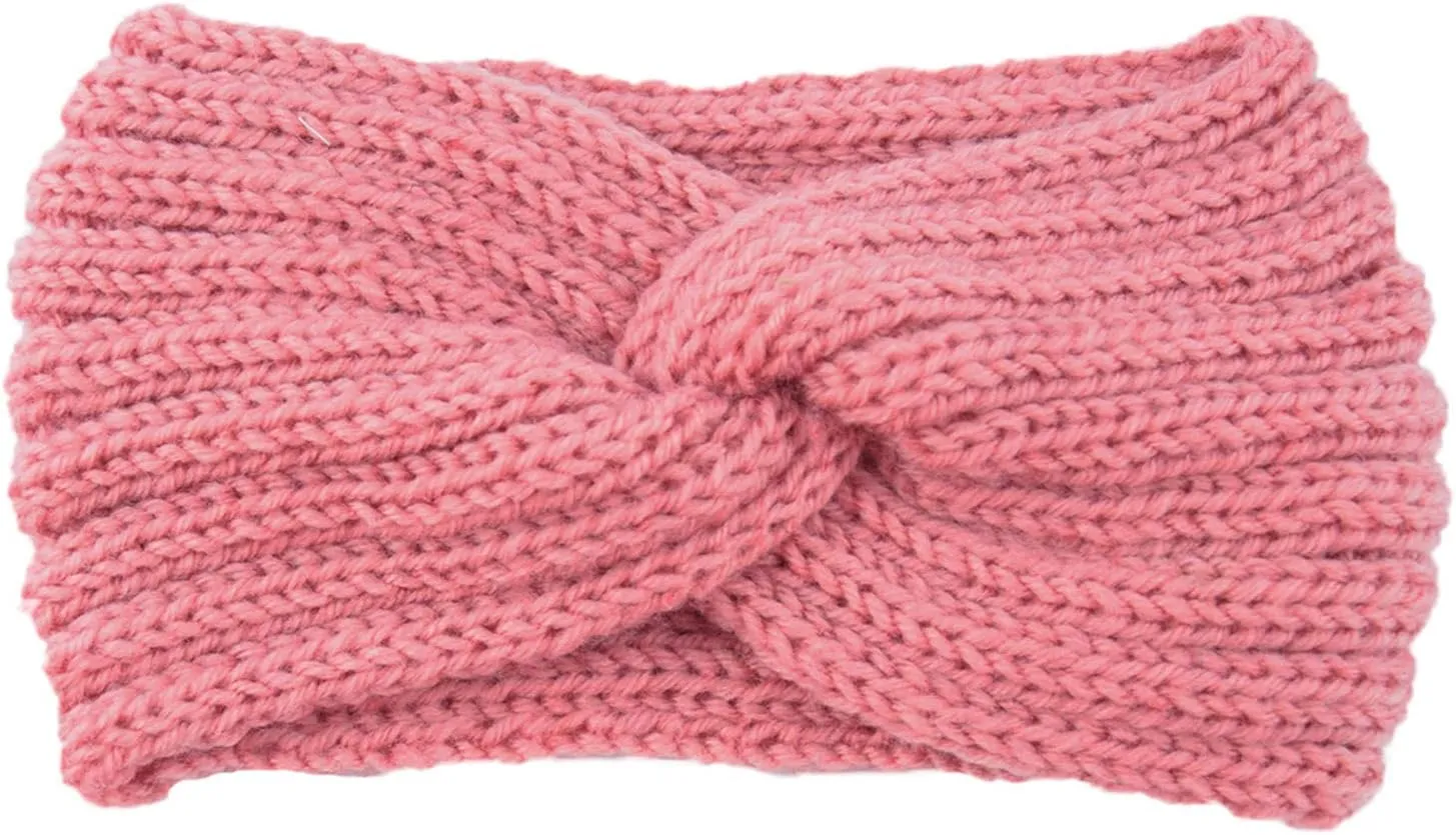 Women Mens Knitted Headbands Knotted Elastic Thermal Hairband Sport Yoga Workout Running Head Cover (Pink, One Size)