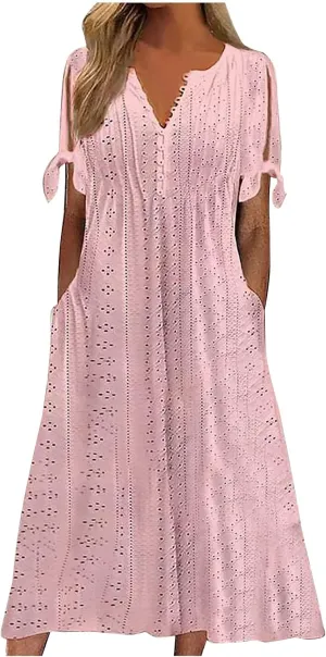 Women Plus Size Eyelet Dress Summer Vintage Short Sleeve V Neck Button Dresses Casual Loose Flowy Dress with Pockets